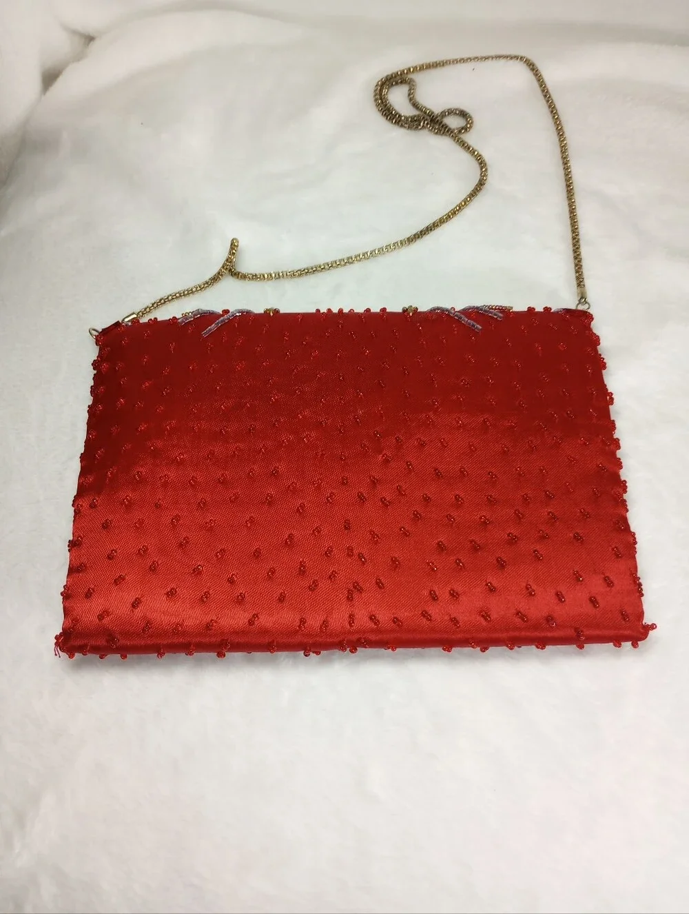 Crimson  Satin Embroidered Beaded Shoulder Evening Clutch Romantic Dramatic Bag